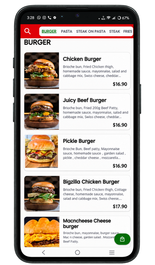 Online ordering menu on a customer's phone